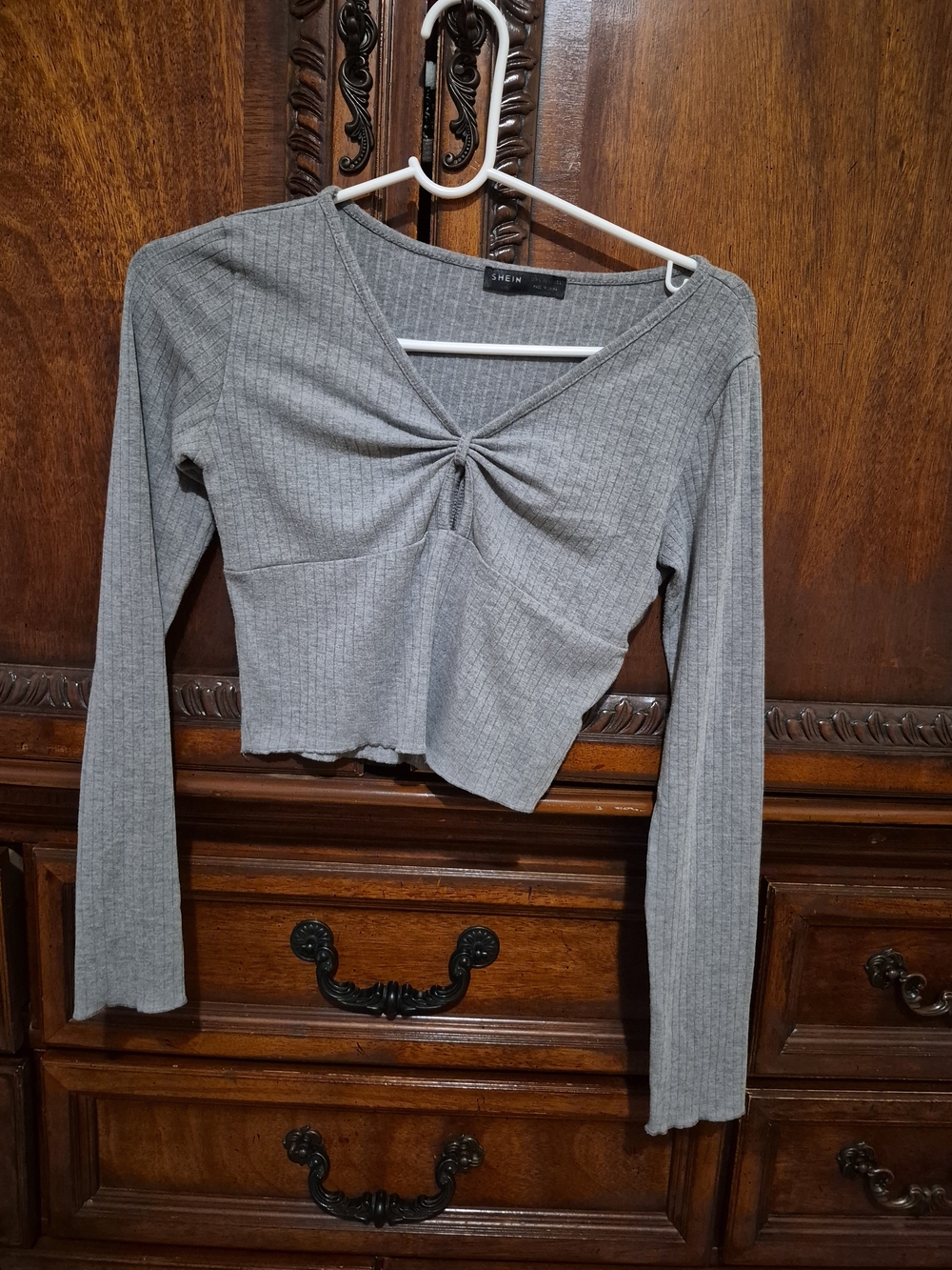 SHEIN Gray Ribbed Twist-Front Cropped Long Sleeve Top